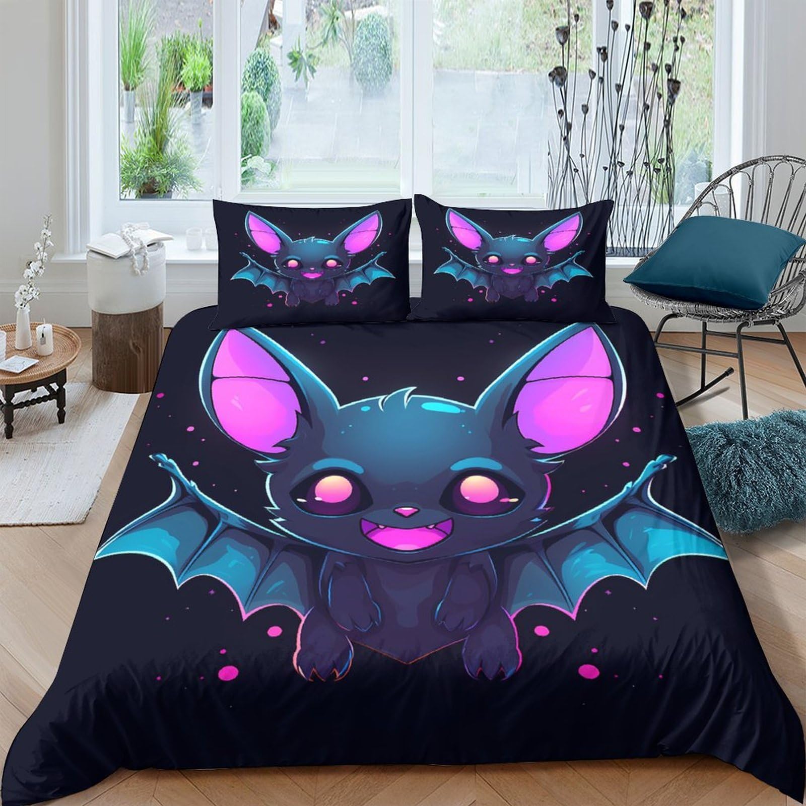 Ctjqhvkz Style-1 3D Printed Cute Bat Fitted Sheet Microfiber Soft Breathable Purple Cartoon Bat Mattress Cover For Bedroom Dorm Easy Care Single（135X200cm）