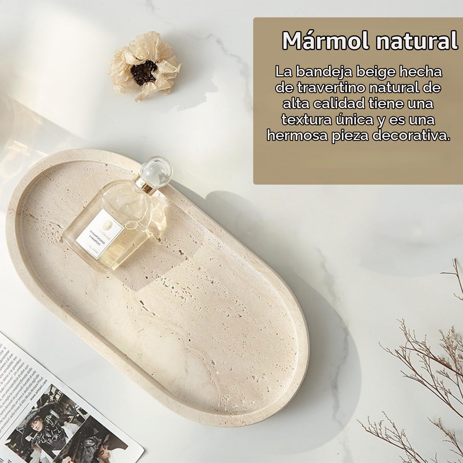 Bandeja Decorativa, Bandeja para Joyas De Mármol Natural Bandeja De Baño Beige Bandeja Ovalada para Perfumes Cosméticos Velas Y Llaves para Salón Y Dormitorio