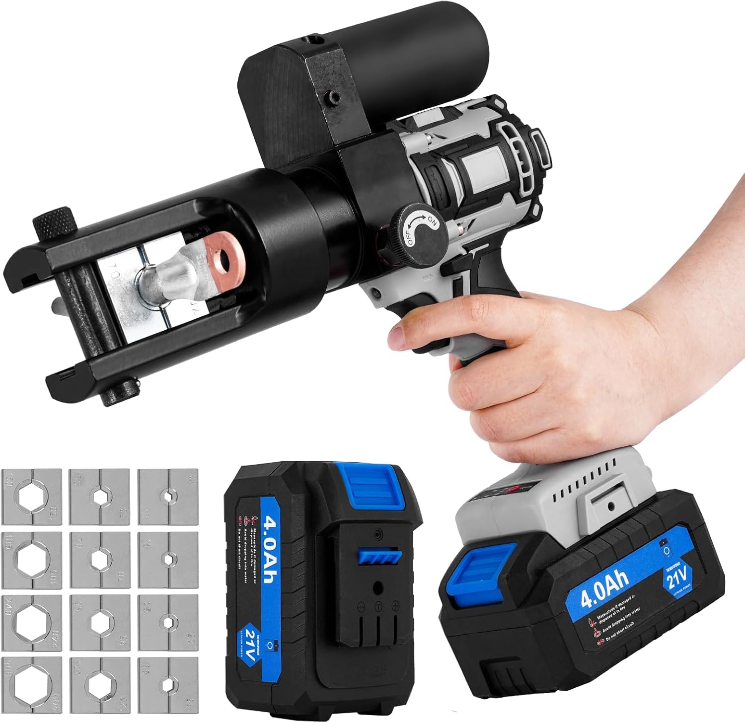 MXBAOHENG 10-300 MM² Pinza crimpatrice idraulica ricaricabile da 60 KN con 2 batterias 21 V 4 A Pinza per capicorda idraulica elettrica con 12 inserti di pressione per contatti in rame e alluminio