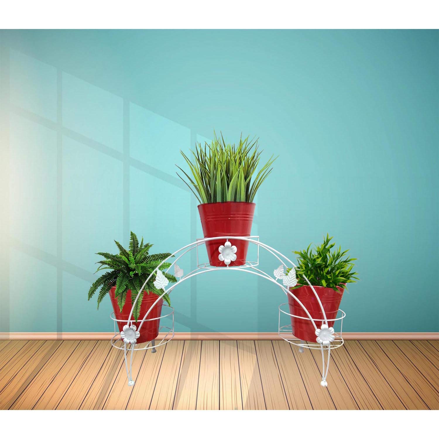 GIG Handicrafts 3 Tier Iron Pot Stand Plant Stand Plant Holder with 3 Metal Planters (65 cm x 18 cm x 30 cm, White & Red)