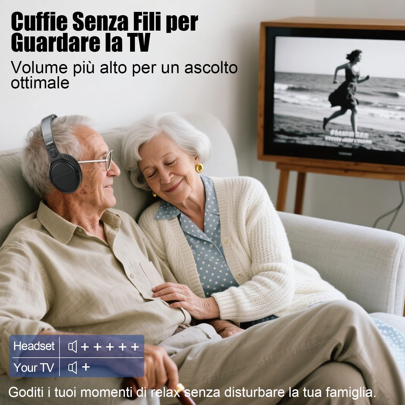 Cuffie TV Senza Fili con Base Trasmettitore di Ricarica, Cuffie Wireless per TV, Pulsanti Grandi e Amplificazione del Suono per Anziani, 20H di Autonomia, Cuffie Bluetooth Leggere e Confortevoli