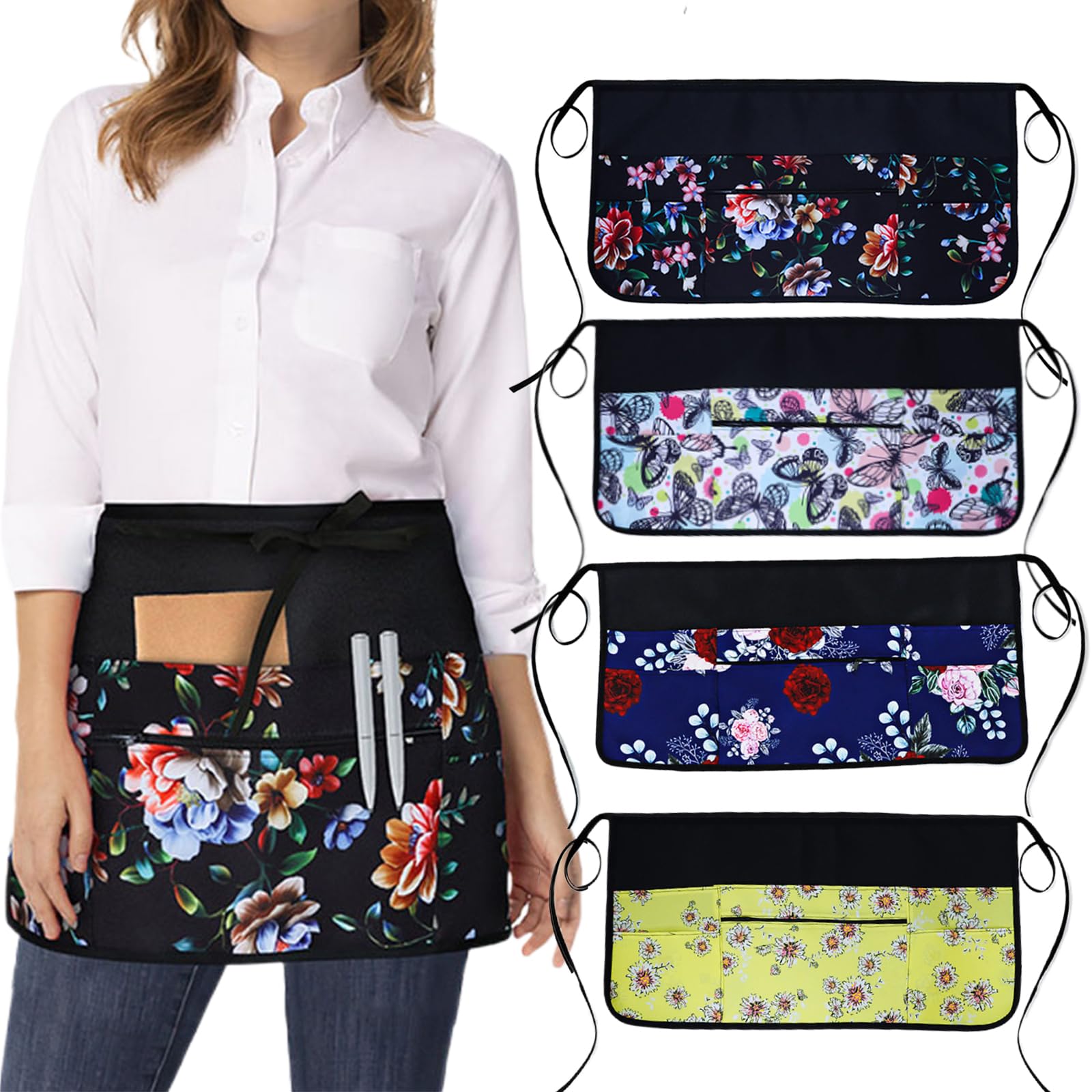 Oaygat Women's Black - Flower Waist Waiter Waitress Half Apron 23 * 11 In Adjustable Pinny Florist Gardening And Cooking Apron Waterproof Tabard For With Pockets Universal Kitchen Work Baking Tabard With Long Strap