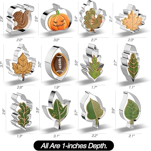 Juego de 12 cortadores de galletas de Acción de Gracias, molde de galletas de otoño de acero inoxidable, para otoño, para vacaciones, pavo,