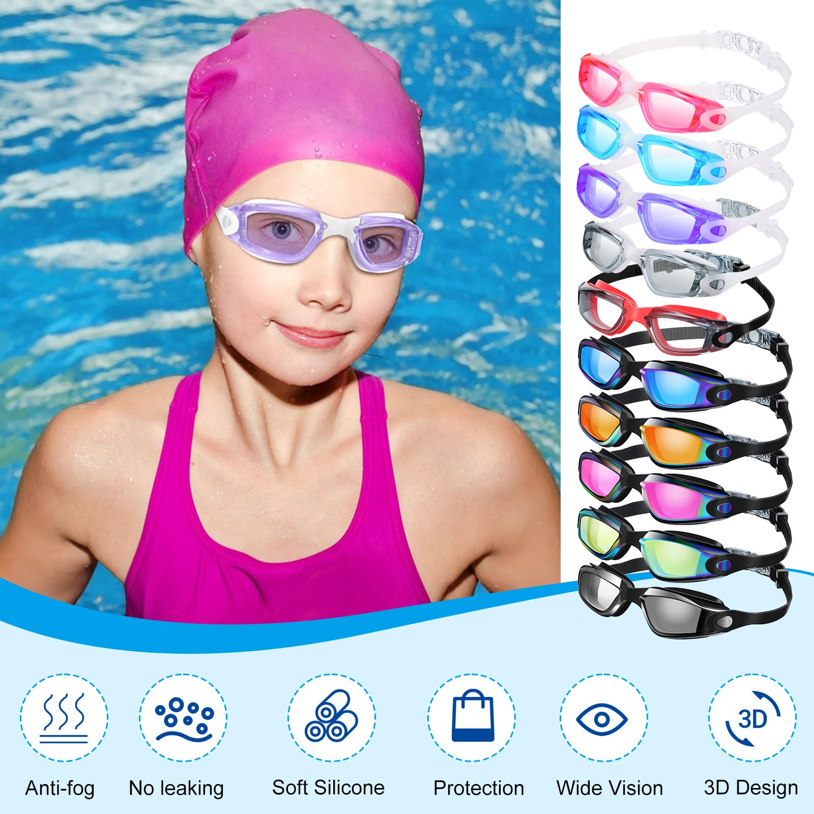 Konohan Confezione da 10 occhialini da nuoto anti-appannamento, senza perdite, in silicone, per uomini, donne, giovani (colori vivaci)