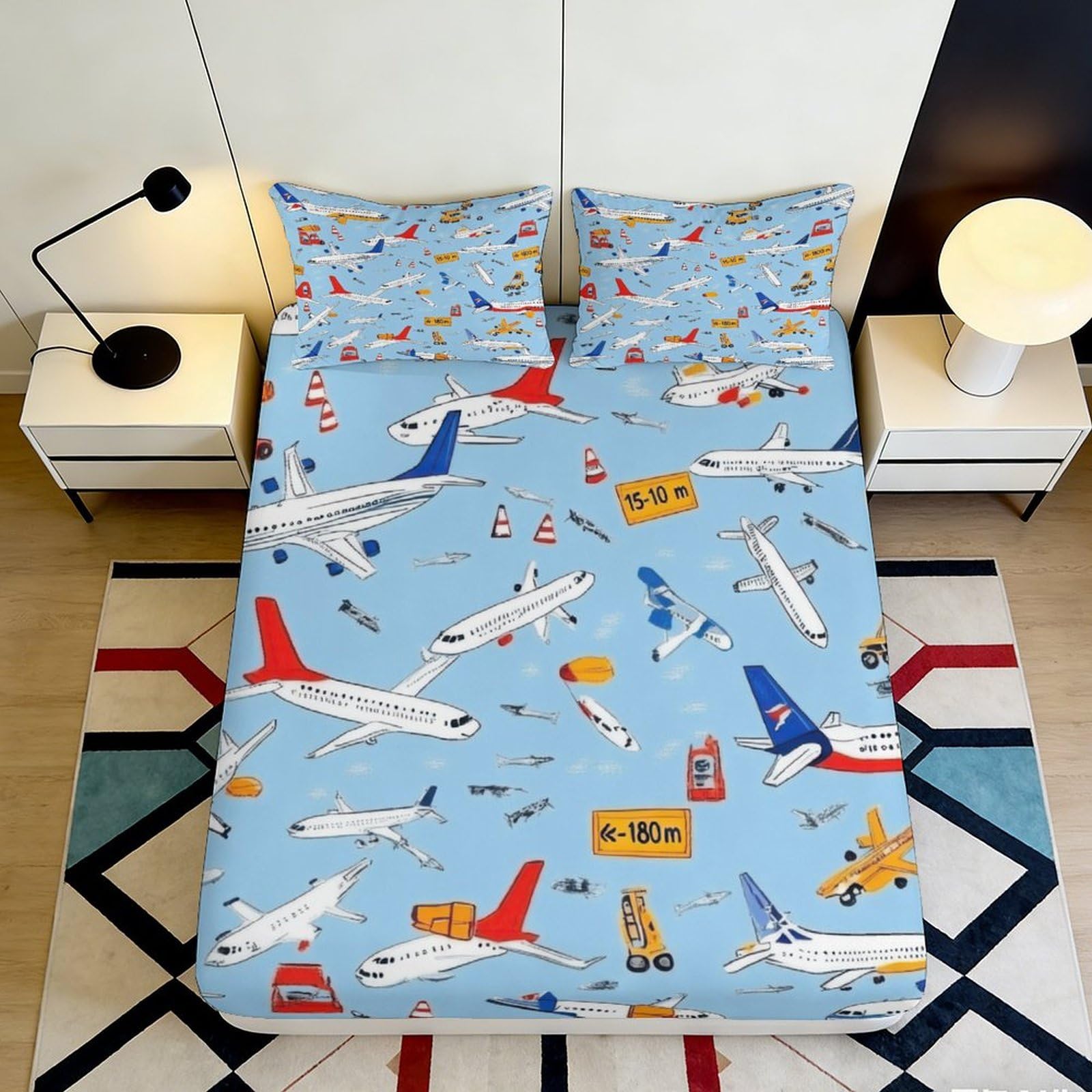 3D Printed Airplane Airport Fitted Sheet Microfiber Soft Blue Aircraft Bed Cover for Bedroom Dorm Easy Care 200x200x25cm