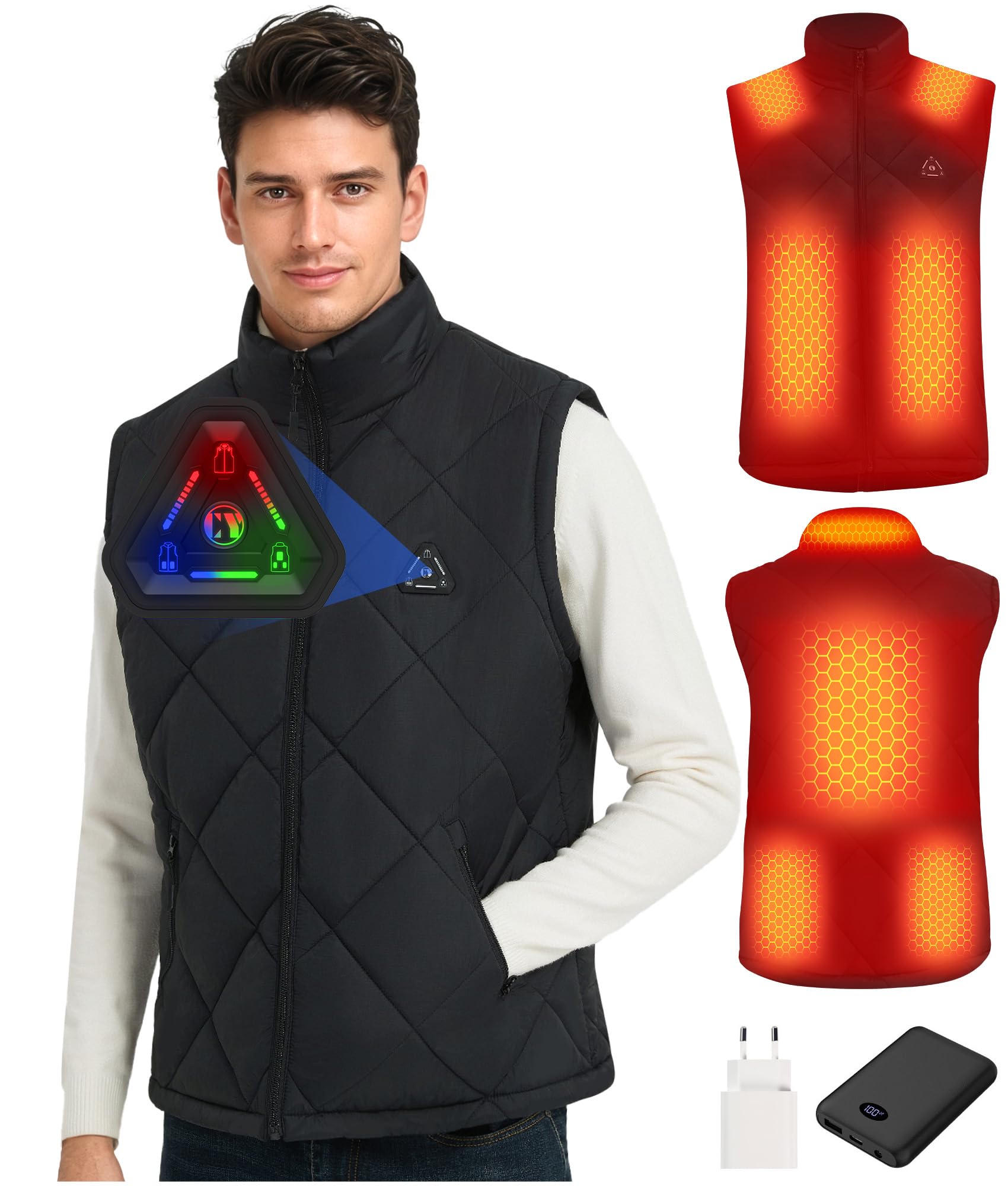 CYCYHEAT Gilet riscaldabile da uomo con batteria da 7,4 V 10000 mAh e controllo 4 in 1, leggero gilet riscaldante imbottito con tecnologia di riscaldamento al carbonio migliorata per attività