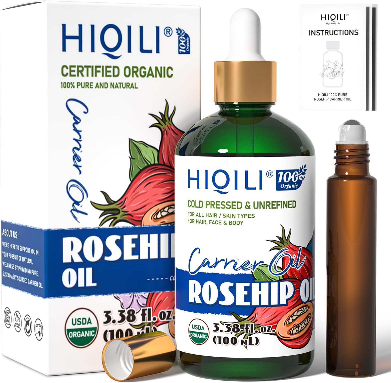 HIQILI 3.38 Fl Oz Organic Rosehip Seed Oil for Face, 100% Pure and Natural, Cold Pressed, Carrier Oil for Skin, Hair & Nails - Women & Men