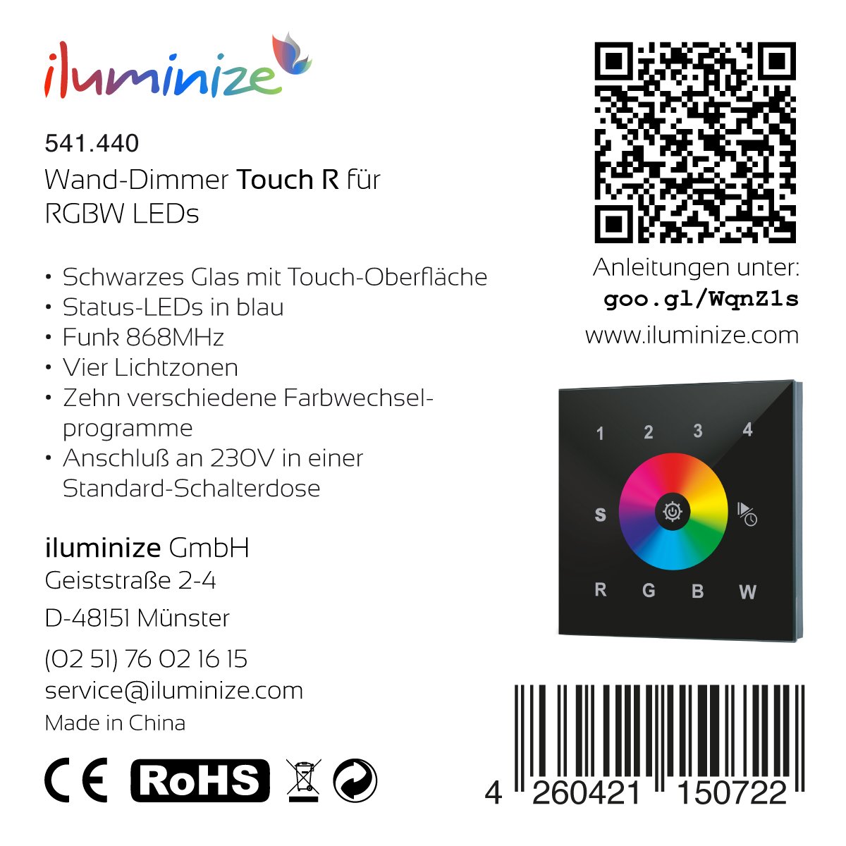 Control de pared táctil inalámbrico: para LED RGB/RGB+W/RGBW, 4 zonas, conexión de 230 V, instalación en caja de interruptor, no es un dispositivo universal: se requiere controlador