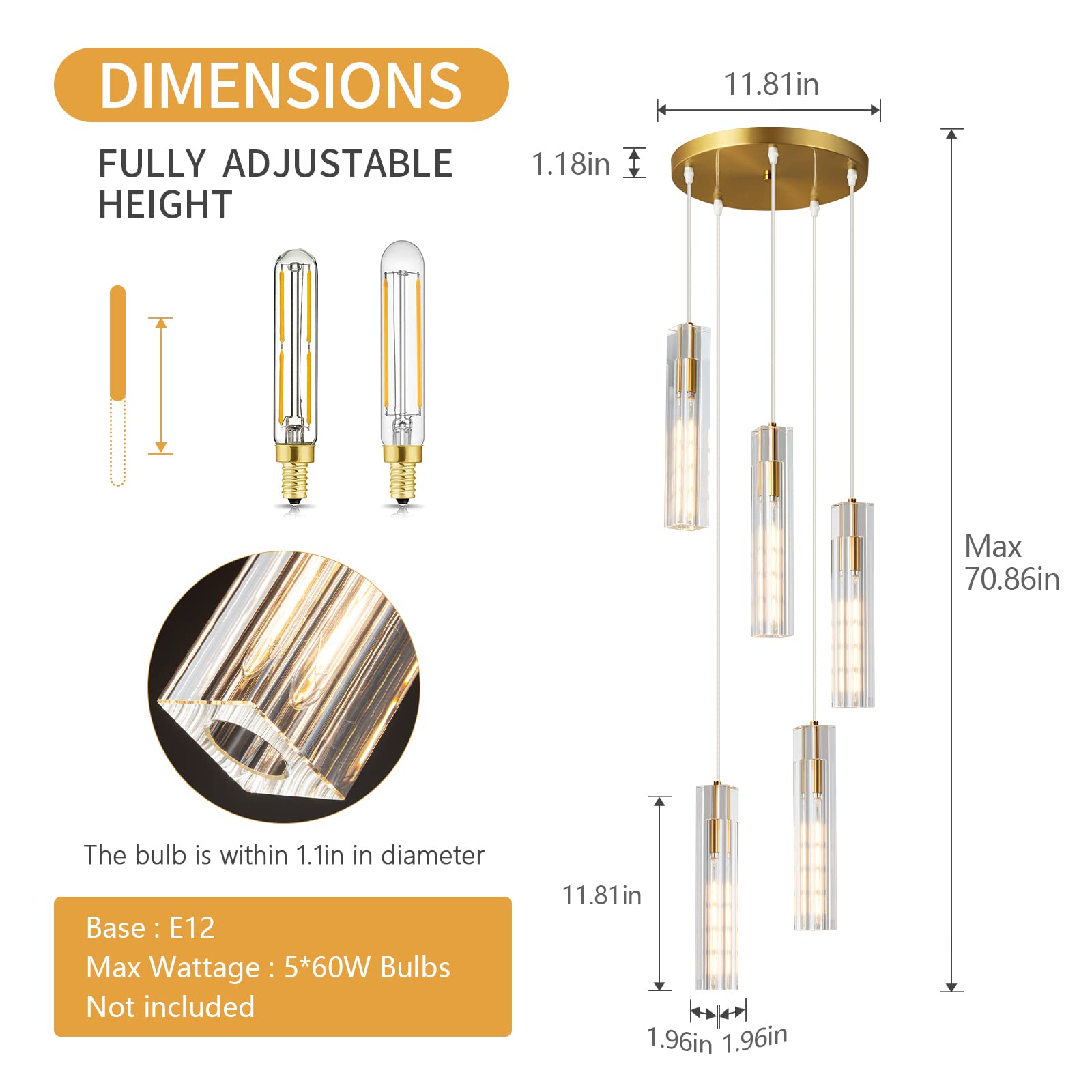 Zhllmq Kitchen Lights Ceiling Hanging 5-Light Gold Pendant Lighting Adjustable Mini Pendant Lights Crystal Gold Pendant Lighting for Kitchen Island Bedroom Living Room Dining Room Modern Pendant Light