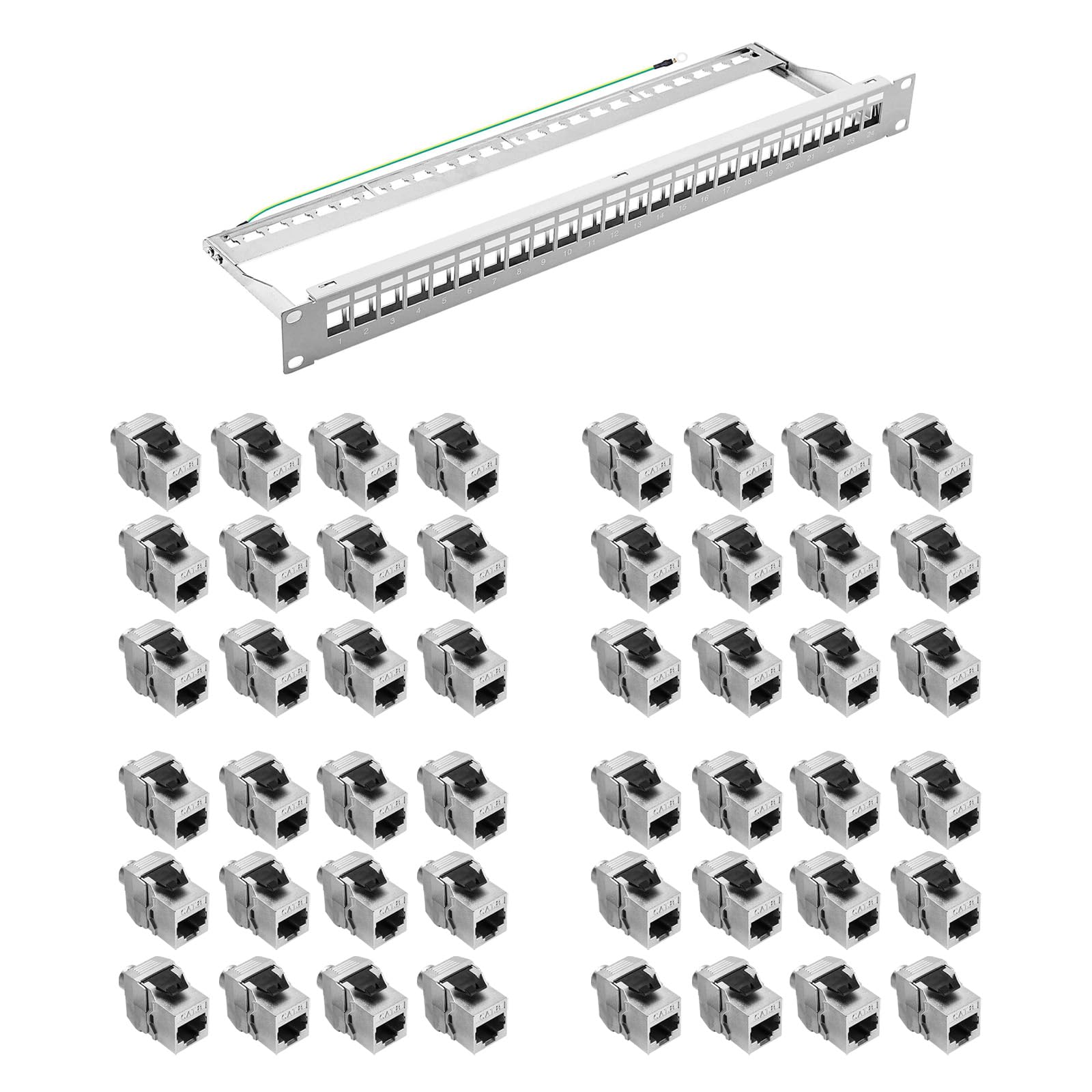 ProfiPatch Cat8 Patchpanel mit 24 Keystone Module RJ45 Patchfeld 19 Zoll 40 Gbit/s 2000MHz 24 Port Verteilerfeld RJ45 Rackeinbau Geschirmtes Keystone Patchpanel 1HE für Verlegekabel, LAN Kabel grau | 24 Keystone Module, 40 Gbit/s, 2000MHz, Geschirmt, Für
