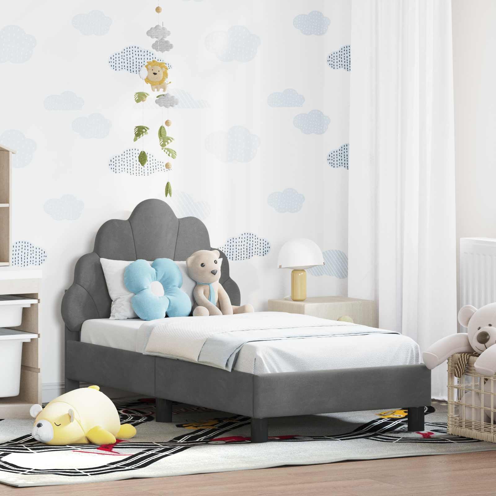 Kinderbettgestell mit Kopfteil Dunkelgrau Samt 70 x 140 cm, Holzwerkstoffrahmen mit Lattenrost, stabiles Polsterbett für Kinderzimmer, einfach zu montieren, modernes Design für Schlafzimmer