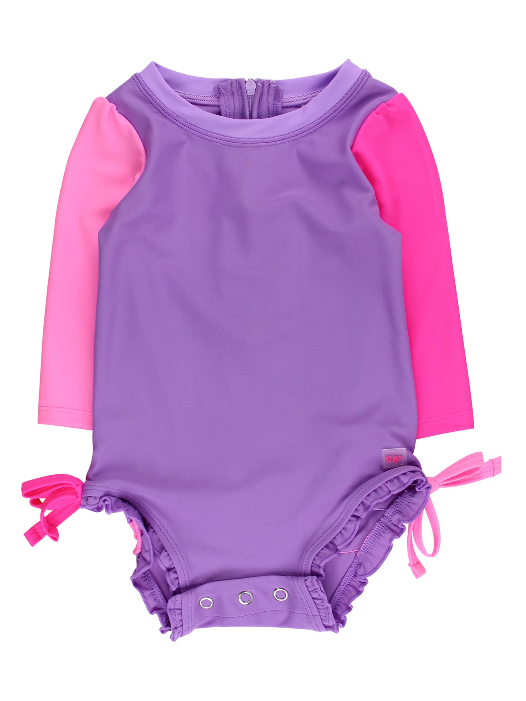 RuffleButts Baby Girls Novelty Baby One Piece - Rash Guard Swimsuit | 80% Nylon 20% Spandex, UPF 50+, Lightweight, Medium Stretch, Full Seat Coverage, Bottom Snaps, Unlined, Infant Beach Swim