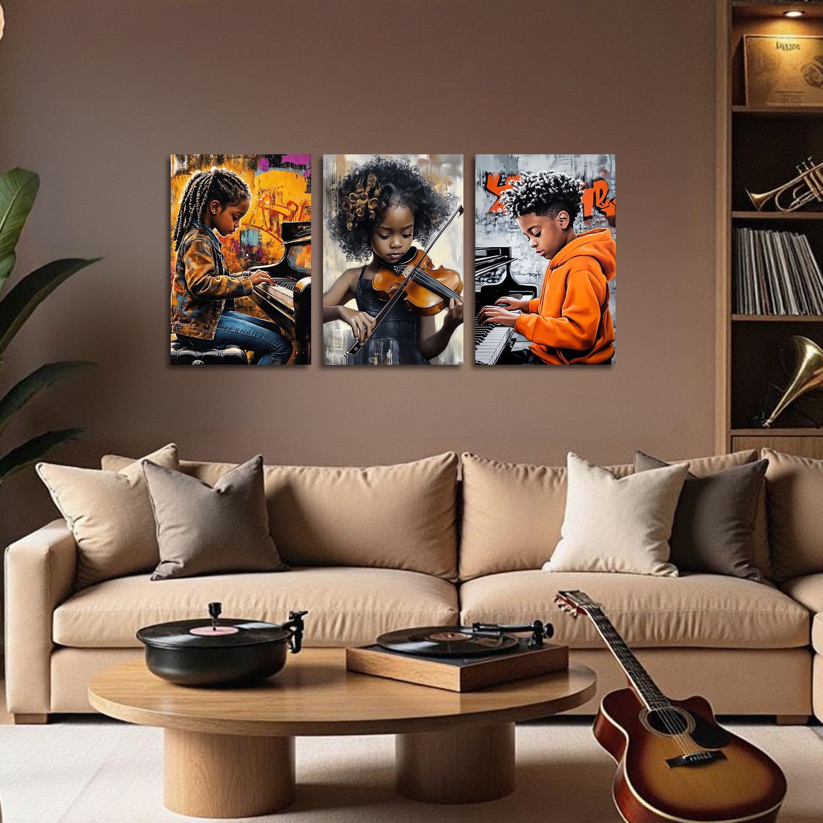 Set di 3 stampe artistiche da parete senza cornice, motivo musica nera ragazzo ragazza che suona pianoforte violino immagini afroamericani bambini stampe jazz poster per la camera dei bambini