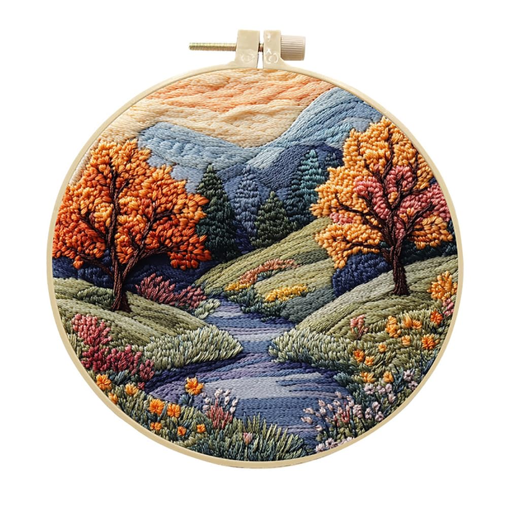 Eforcase Embroidery Starter Kit for Adult Beginner with Landscape Tree Mountain River Floral Nature Scenery Pattern Cross Stitch Hand Embroidery Set DIY Cross Stitch Kits with Hoops Needles Threads
