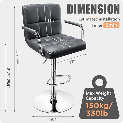 Miniatura 3 de Huracan Juego de 2 sillas giratorias de altura de mostrador, sillas de bar grises con brazos, sillas modernas ajustables para cocina de 360 grados