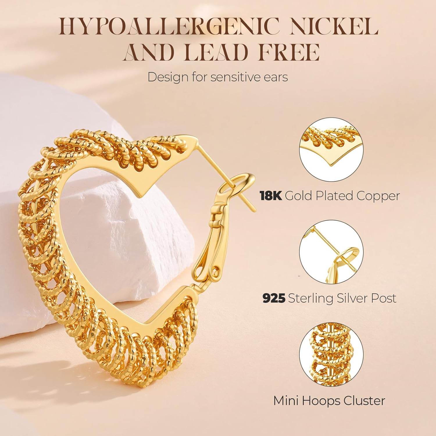 18K Gold Plated Heart Hoop Earrings for Women Lightweight Statement Hypoallergenic Hoops wtih S925 Sterling Silver Post Cute Earrings