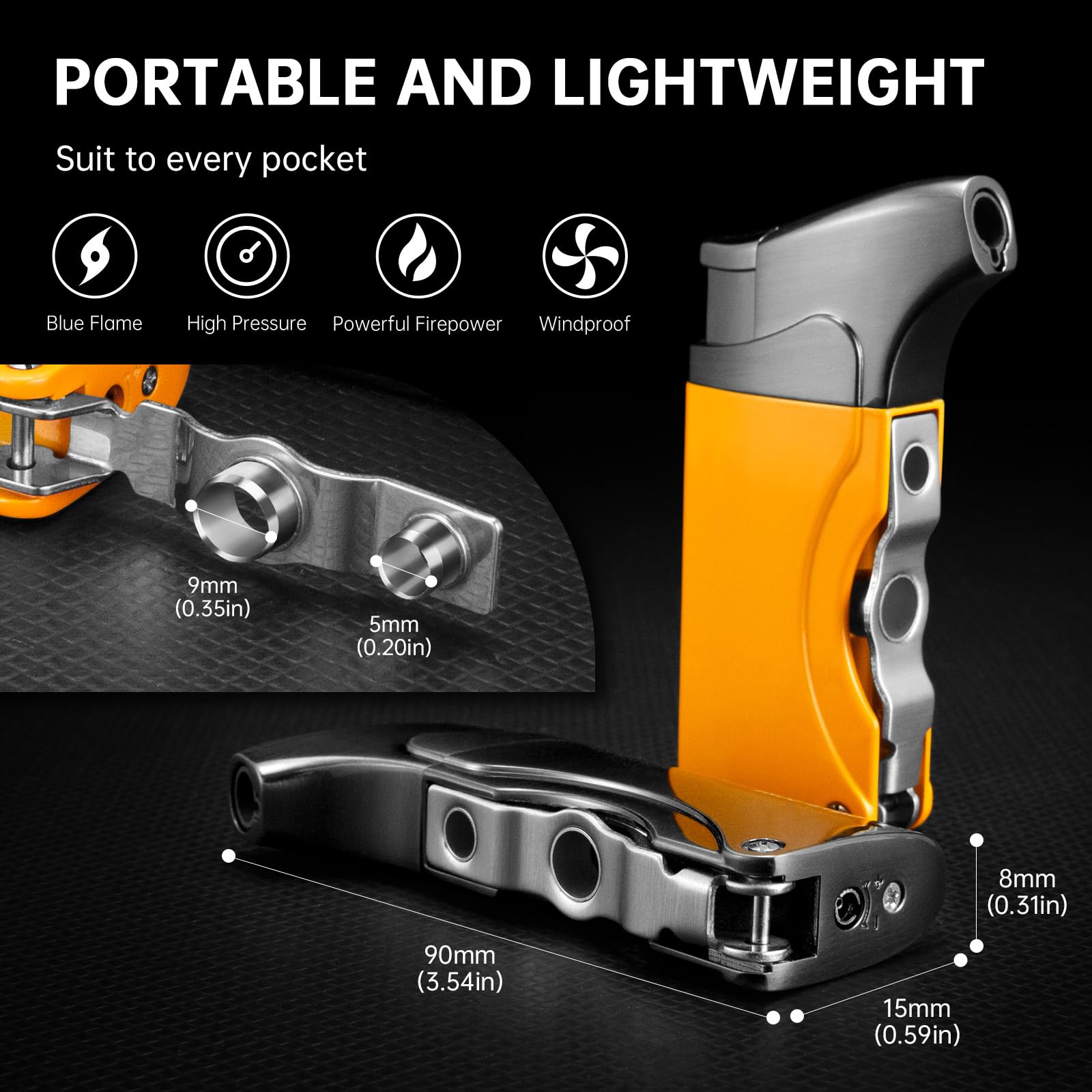 Ensemble de cendriers portables en acier inoxydable et céramique, briquet torche à jet unique, butane rechargeable avec boîte cadeau pour terrasse, extérieur, intérieur (jaune)