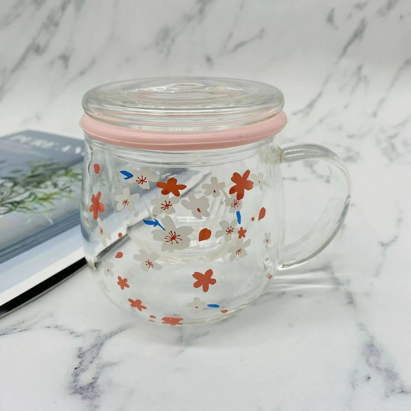 SHIPLORD® Elegant Sakura Blossom Glass Tea Infuser Mug - 300ml Double-Walled Insulated Tea Cup with Lid for Blooming Tea & Herbal Infusions-image-3