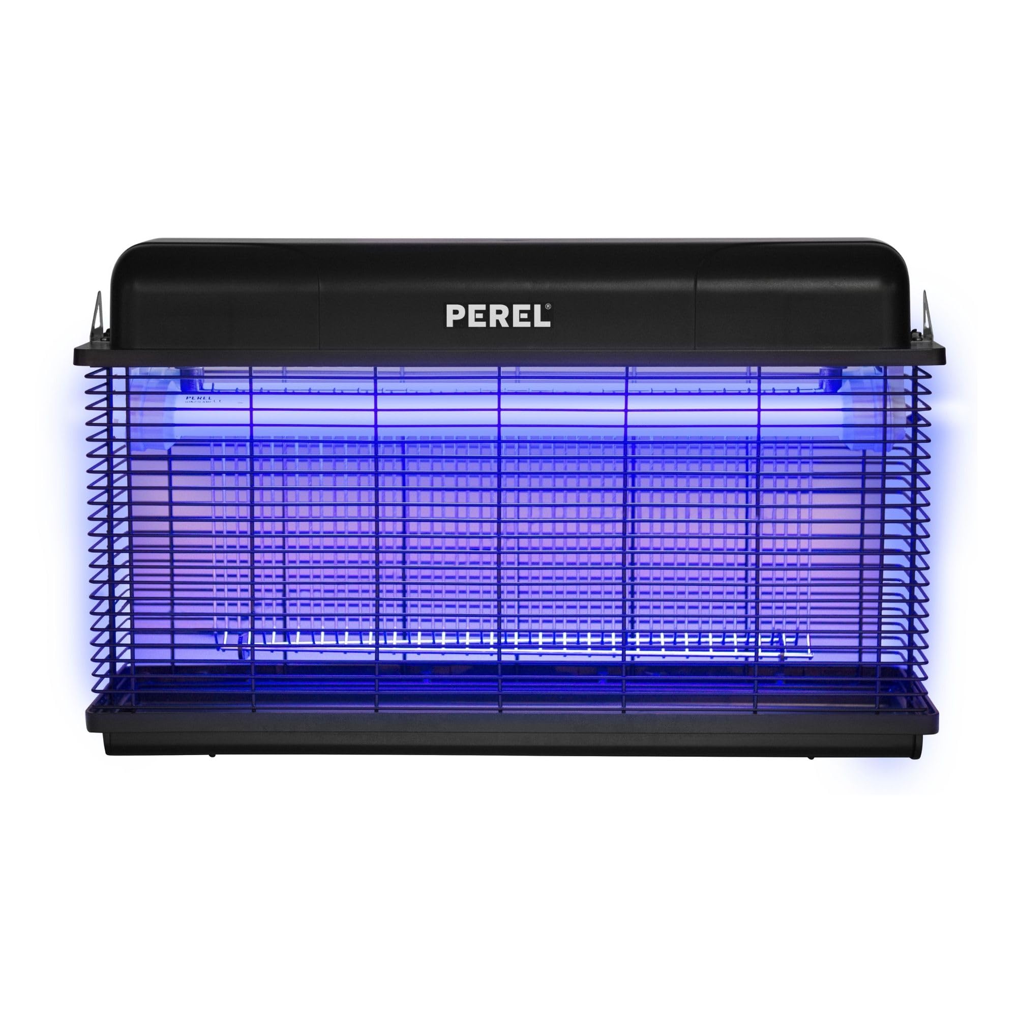 Perel Elektrischer LED UV Insektenvernichter, 3000V Hochspannungsgitter, IPX4 spritzwassergeschützt, abnehmbare Auffangschale, 100 m² Abdeckung, leistungsstark für Innen und Außen