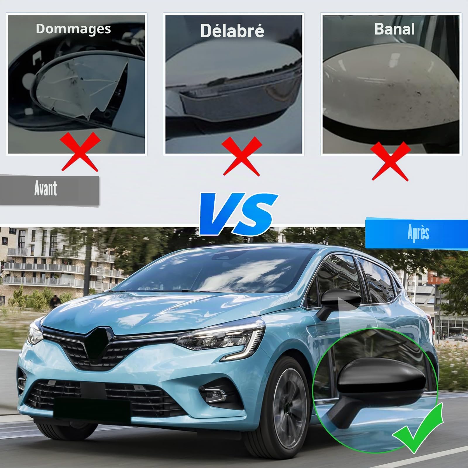 Capuchon de Rétroviseur Compatible avec Renault Clio MK5 2019-2025, Retroviseur Exterieur Couvercle Capuchon Lateraux Boîtier de Rétroviseur Extérieur, 963738293R 963749543R - Noir