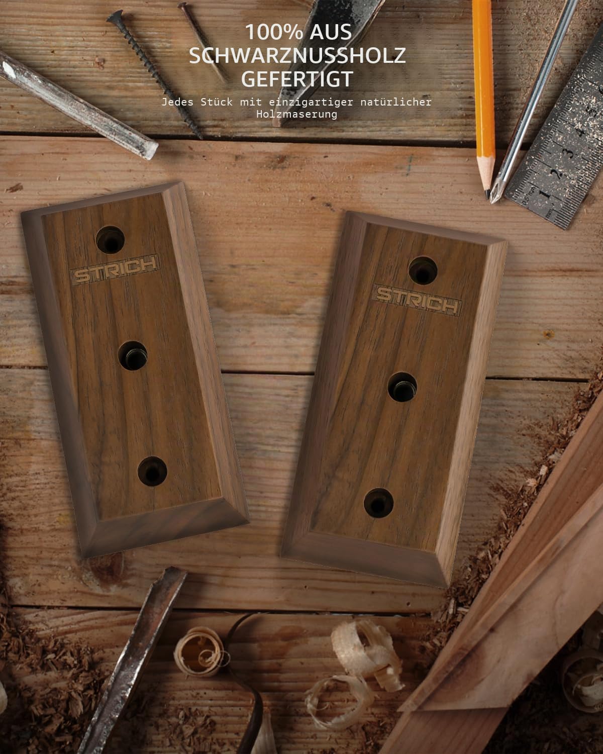 STRICH Gitarren-Wandhalterung, Walnuss-Holz-Gitarrenhaken, U-förmige Gitarren-Wandhalterung mit Schrauben, Gitarrenhalter-Wandhaken für Akustikgitarre, E-Gitarre, Banjo, Bass (3er-Pack)