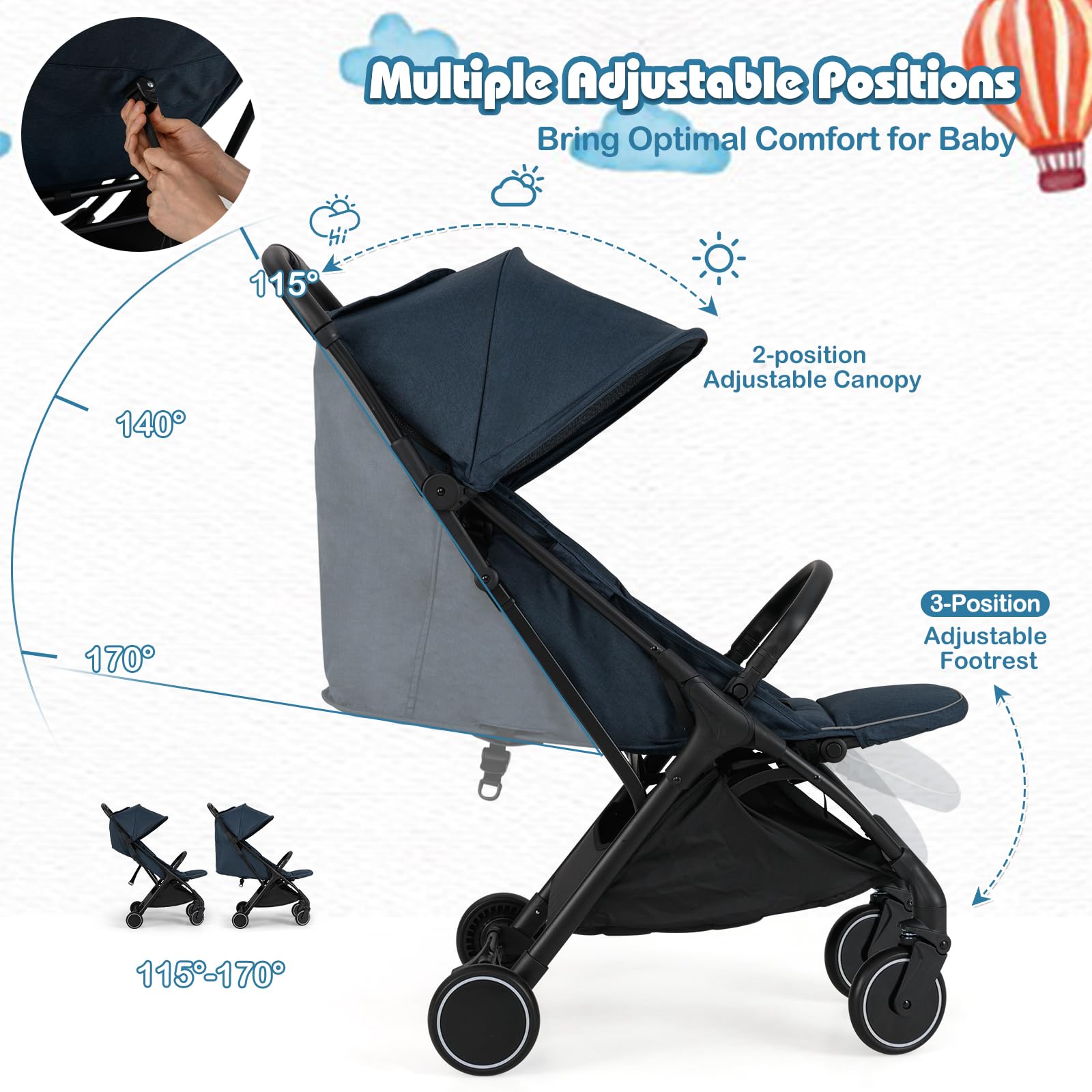 LIFEZEAL Poussette pliante avec dossier réglable - Avec fonction de sommeil - Poussette de voyage légère pour bébé de 0 à 3 ans - Charge maximale : 15 kg (93 x 35 x 103 cm, bleu + noir)