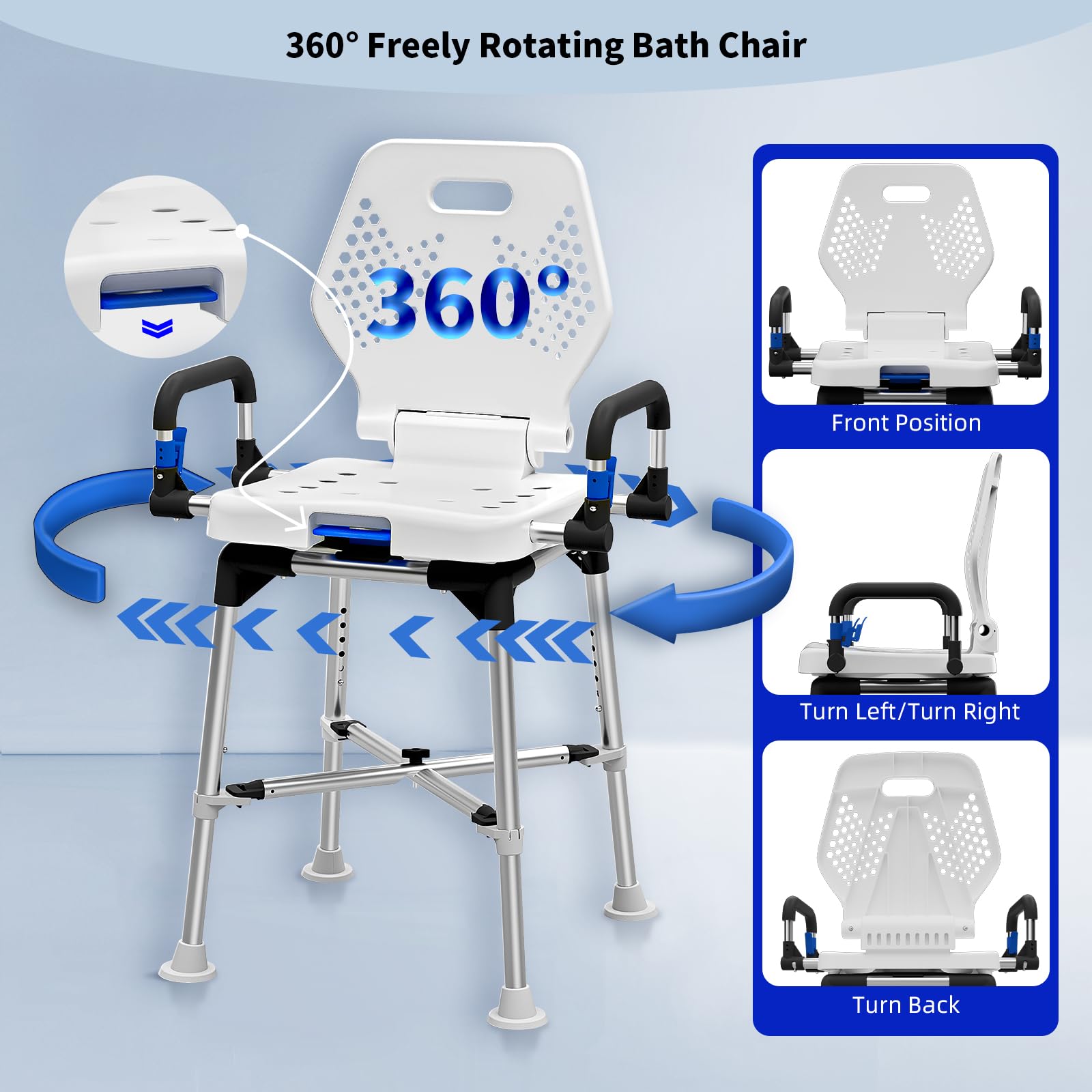 Swive Shower Chair for Seniros Elderly Disabled or Bariatric Adults with Arms and Back, Bench Seat for Inside Shower Stall and Bathroom Bath Tub Seats Adjustable Stool Heavy Duty 500 lbs sit Chairs