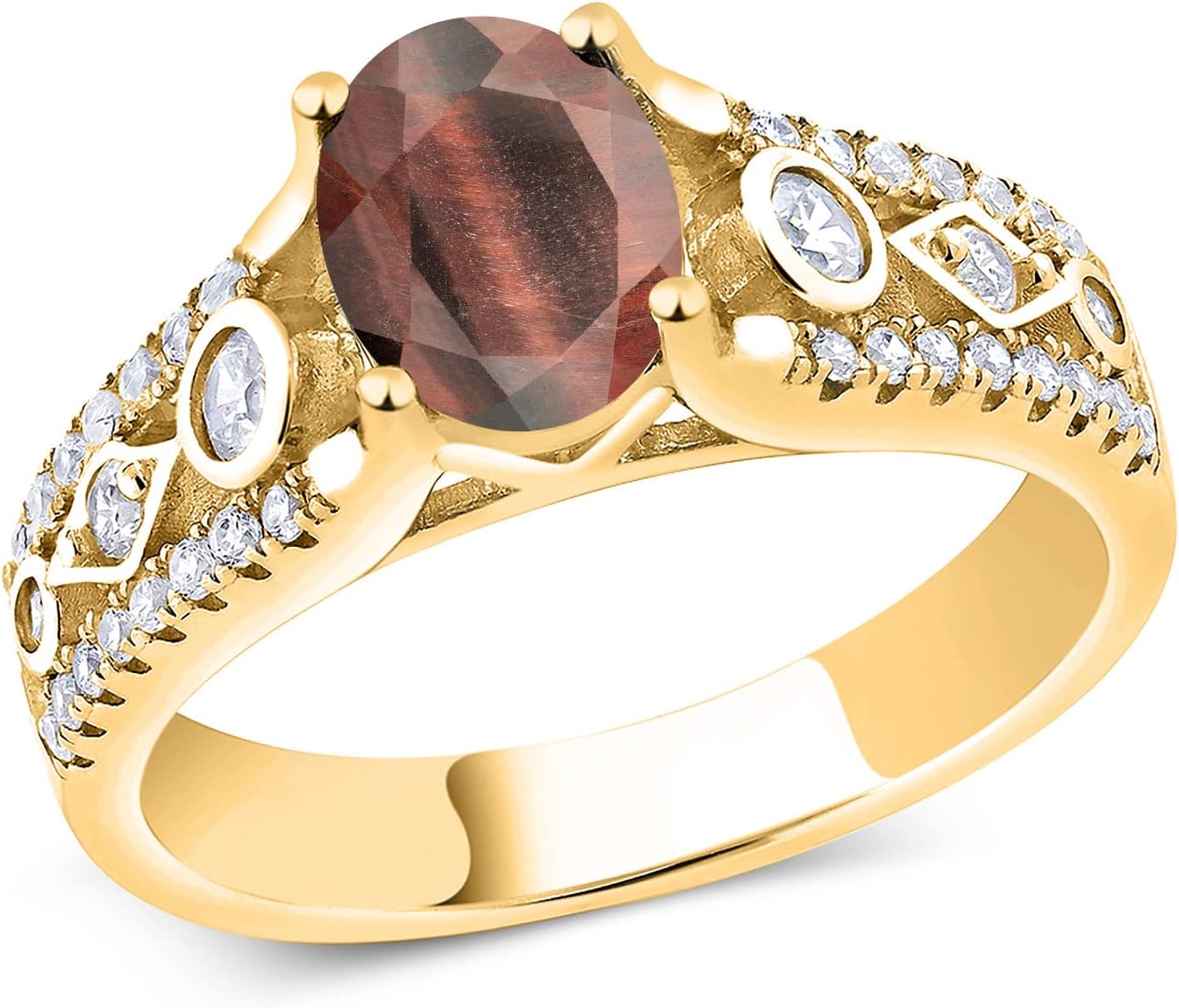 18K Yellow Gold Plated Silver Gemstone Birthstone Ring for Women | Oval 8X6MM with Round Accents | Intricate Milgrain and Filigree Detail | Fine Jewelry for Engagement Wedding Anniversary | Sizes 5-9