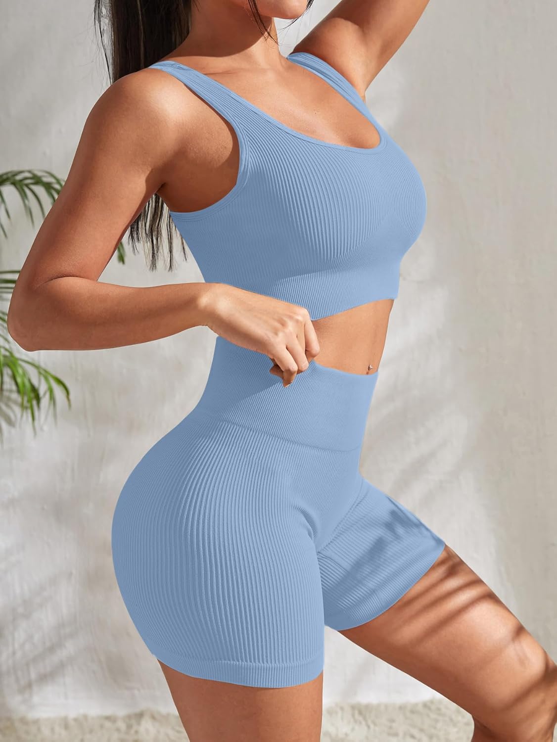 4 Piece Workout Sets for Women Seamless Ribbed High Waist Yoga shorts with Sports Bra Outfits - Image 4