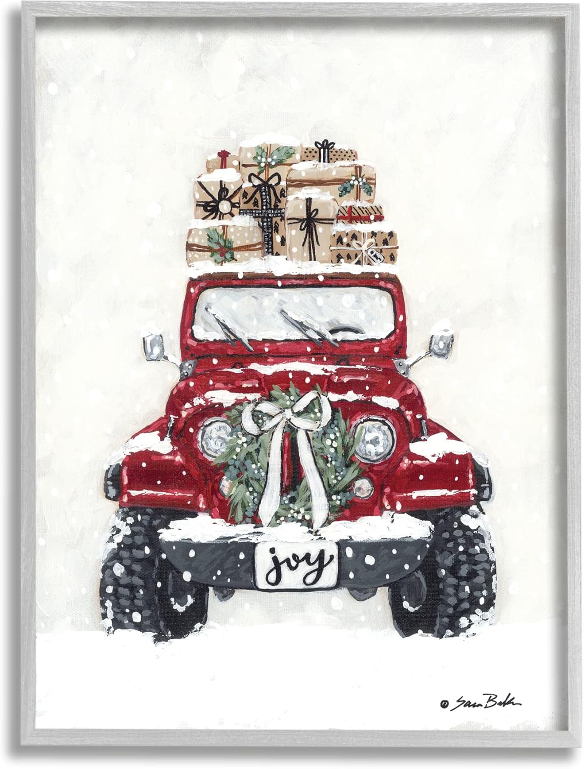 Stupell Industries Festive Red Truck Christmas Presents Snowscape Flurry, Design by Sara Baker