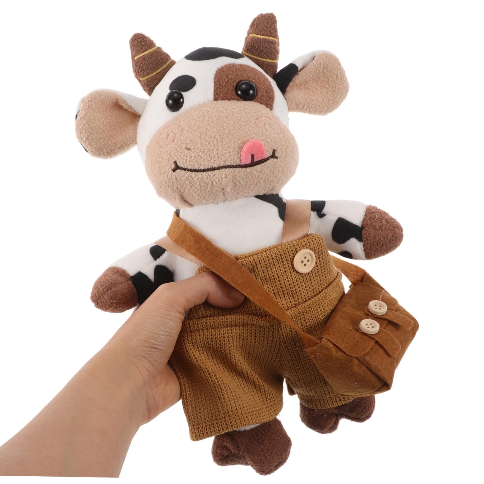 IMIKEYA Plüschtier Kuh Kuscheltier Weiches Niedliches Kuh Design mit Braunem Rucksack und Latzhose Detailreiches Flauschiges Stofftier für Wohnmobil Dekoration und Gemütliche