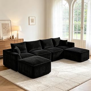 141" Modular Sectional Sofa, U-Shaped Oversized Pit Sofa with 61" Extra Deep Seat, Cloud-Like Comfy Couch with Washable Corduroy Cover, 2 Ottomans & 6 Pillows Included, Black
