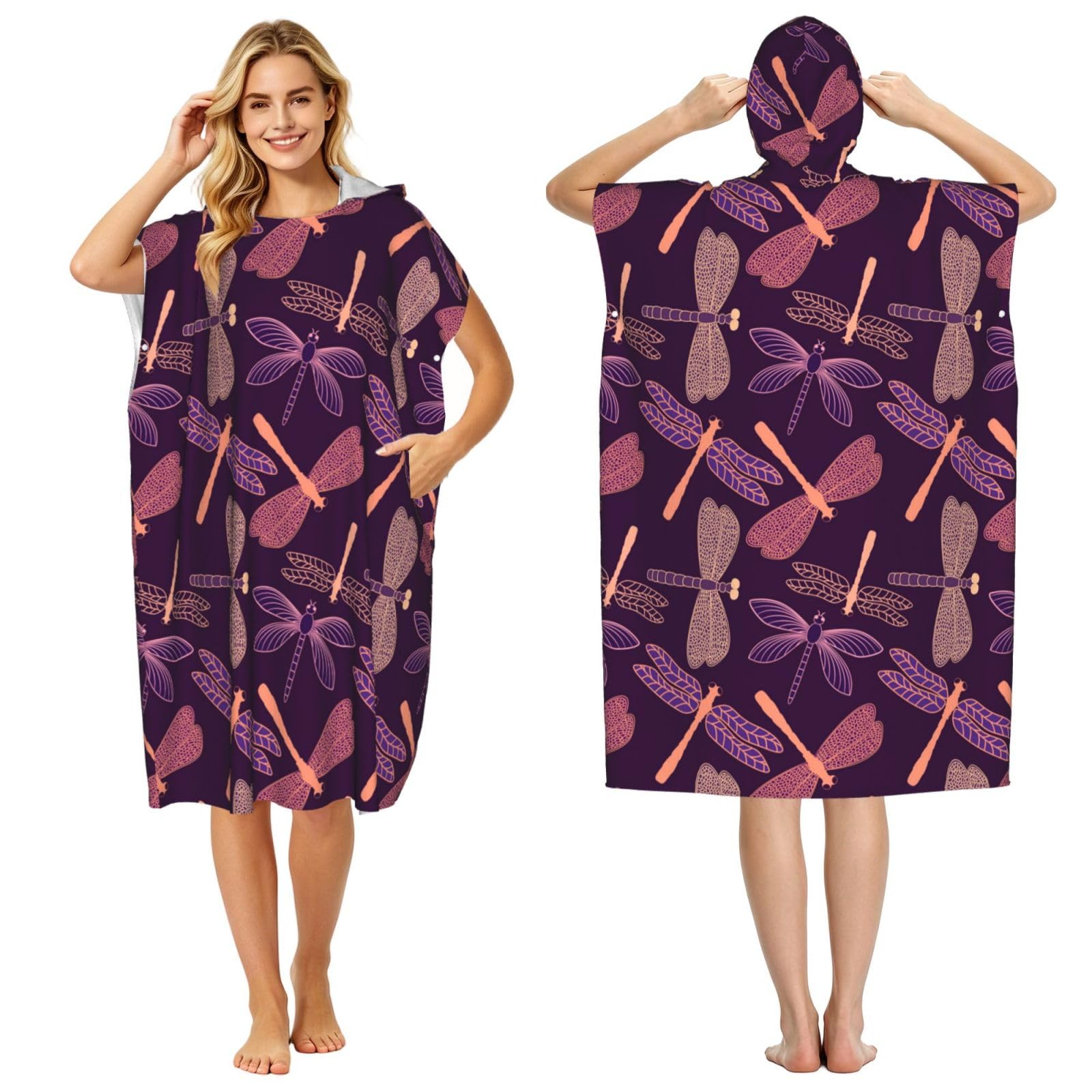 Poadnly Purple Dragonfly, Adult Hooded Beach Towel 90 x 110 cm,Changing Bath Robe, Surf Poncho Towel For Women Men