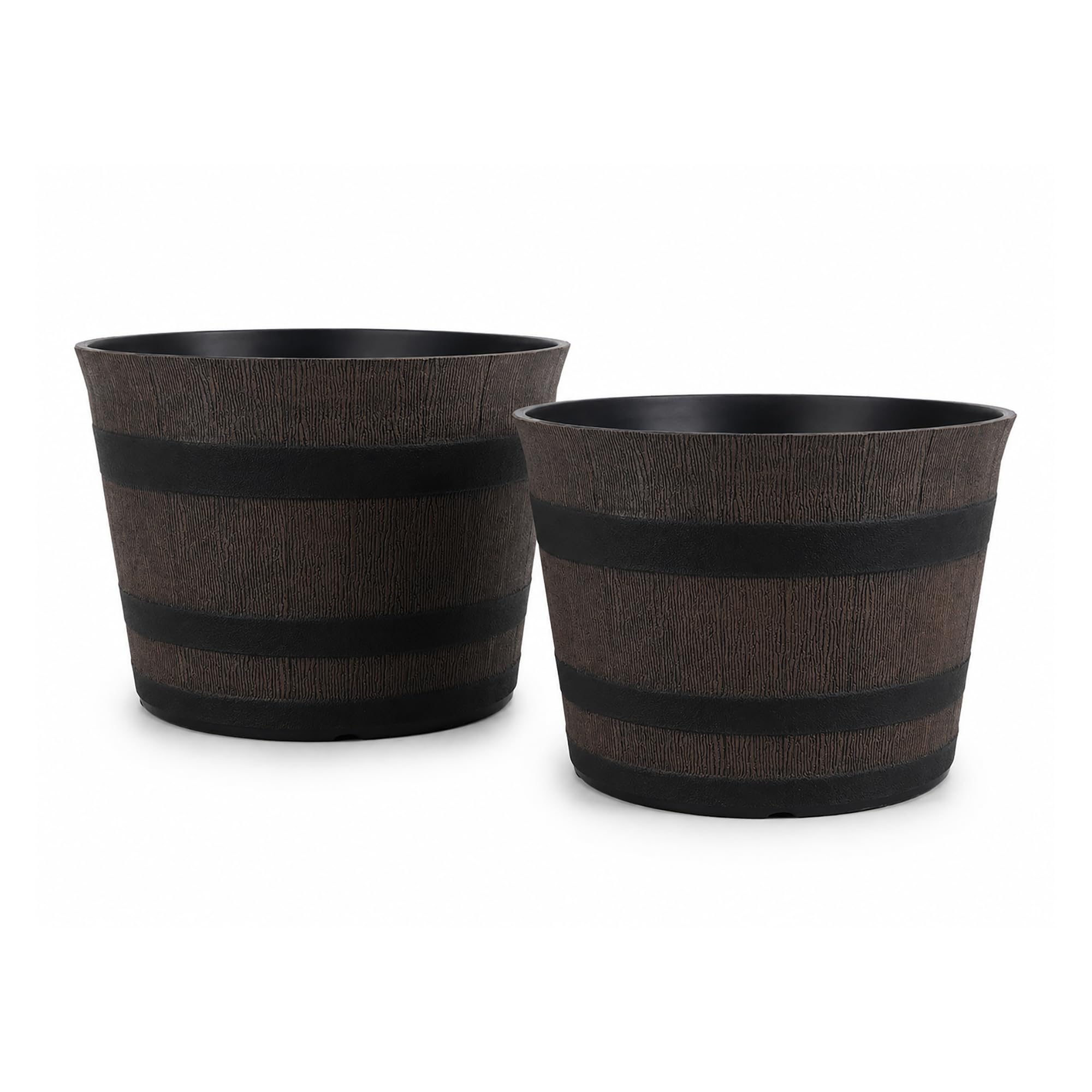 simpa Homestead Brown Half Barrel Cask Planter - Large, Set of 2 Pots - 22cm (H) x 40cm (Dia) - Suitable for Indoor or Outdoor Use.