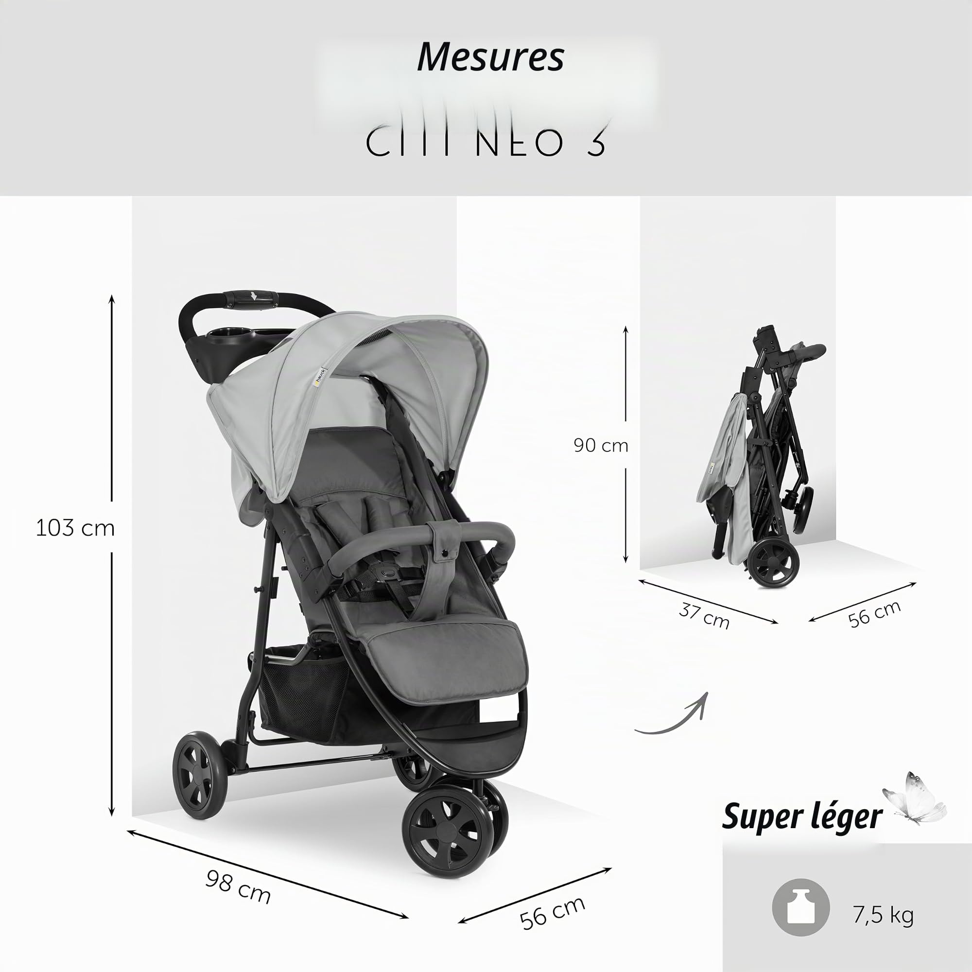 hauck Poussette Compacte 3 Roues Citi Neo 3, Inclus Jouet Volant Enfant, Housse de Pluie Poussette et Moustiquaire | Inclinable et Légère - Gris