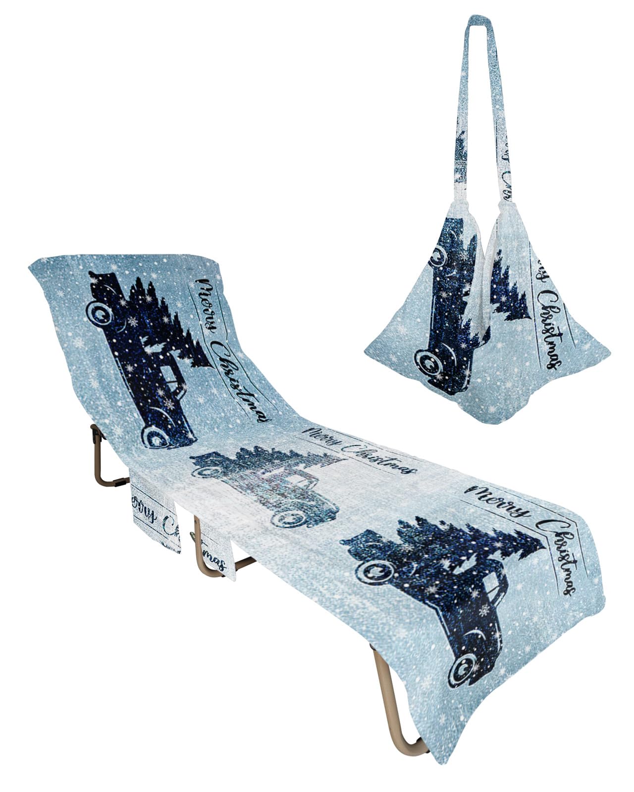 Blue Christmas Truck Beach Lounge Chair Towel Cover, Soft Chaise Lounge Towel with Side Pockets Patio Pool Chairs Cover for Beach/Pool Sunbathing 29x85 Xmas Tree Winter Snowflake
