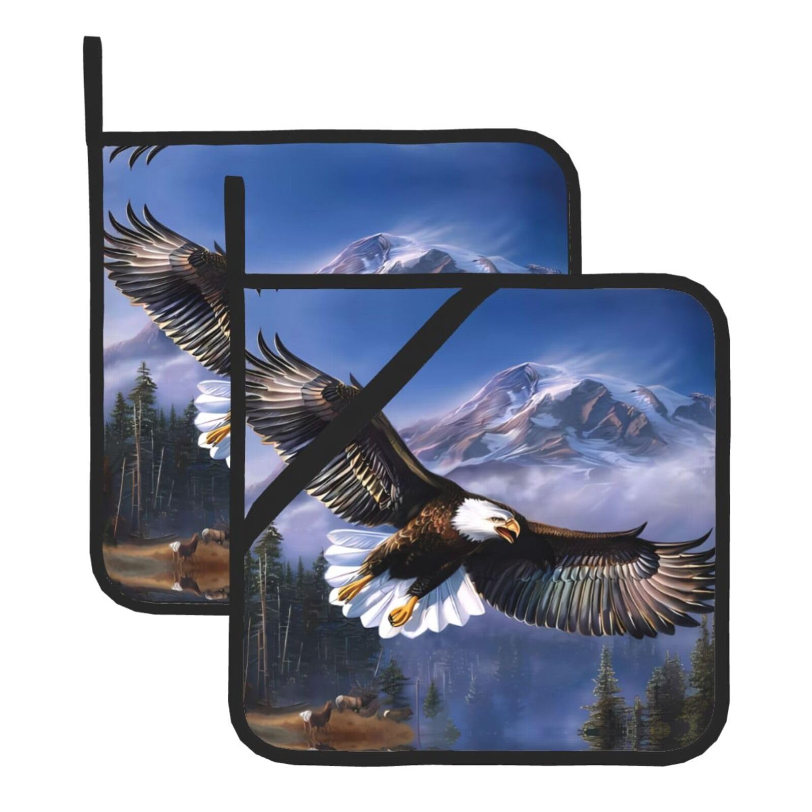 WHJSSF Flying Eagle Prints Square Pot Holders - Heat Resistant Kitchen Trivets 2-Pack - Waterproof Covers for Hot Dishes, Oven & Grill with Hanging Loop