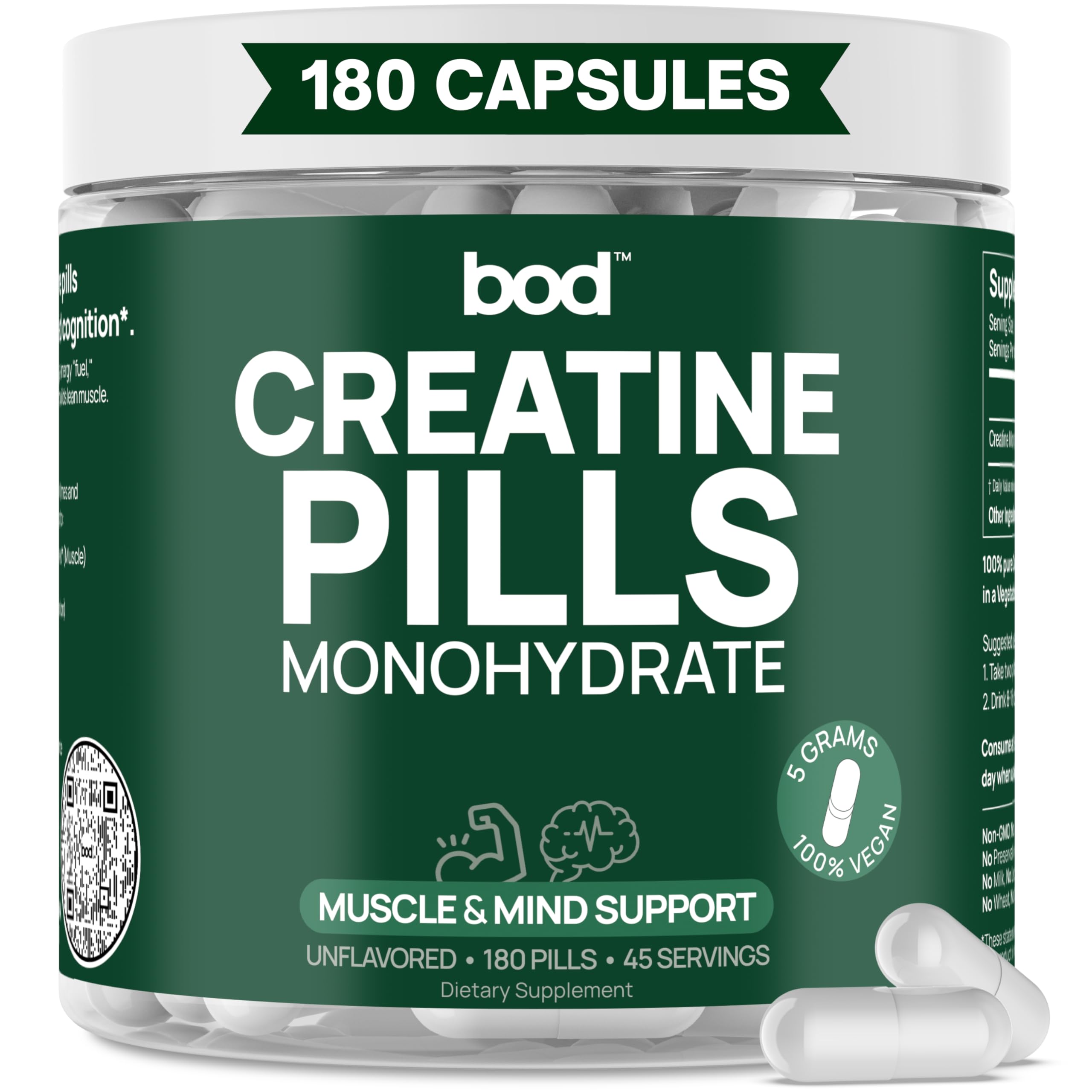BOD Creatine Monohydrate Capsules – 45 Servings (4 Capsules = 5 g) – Ultra-Pure 200 Mesh Creatine Monohydrate – Strength, Power, Muscle Growth & Recovery