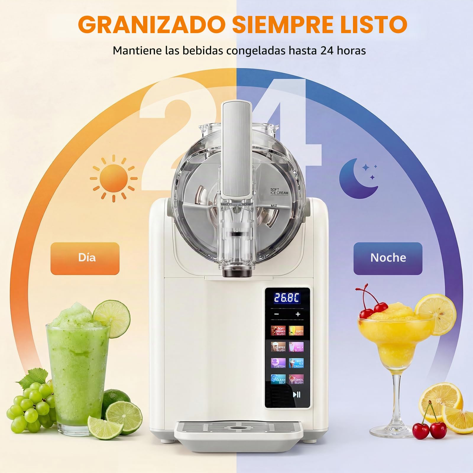 Máquina de granizado Granizadora Heladera capacidad de 2L Slushie Maker, Pantalla LED y 7 programas batidos, maquina helados granizadora maquina malteadas, cócteles con batidos y margaritas (Blanco)