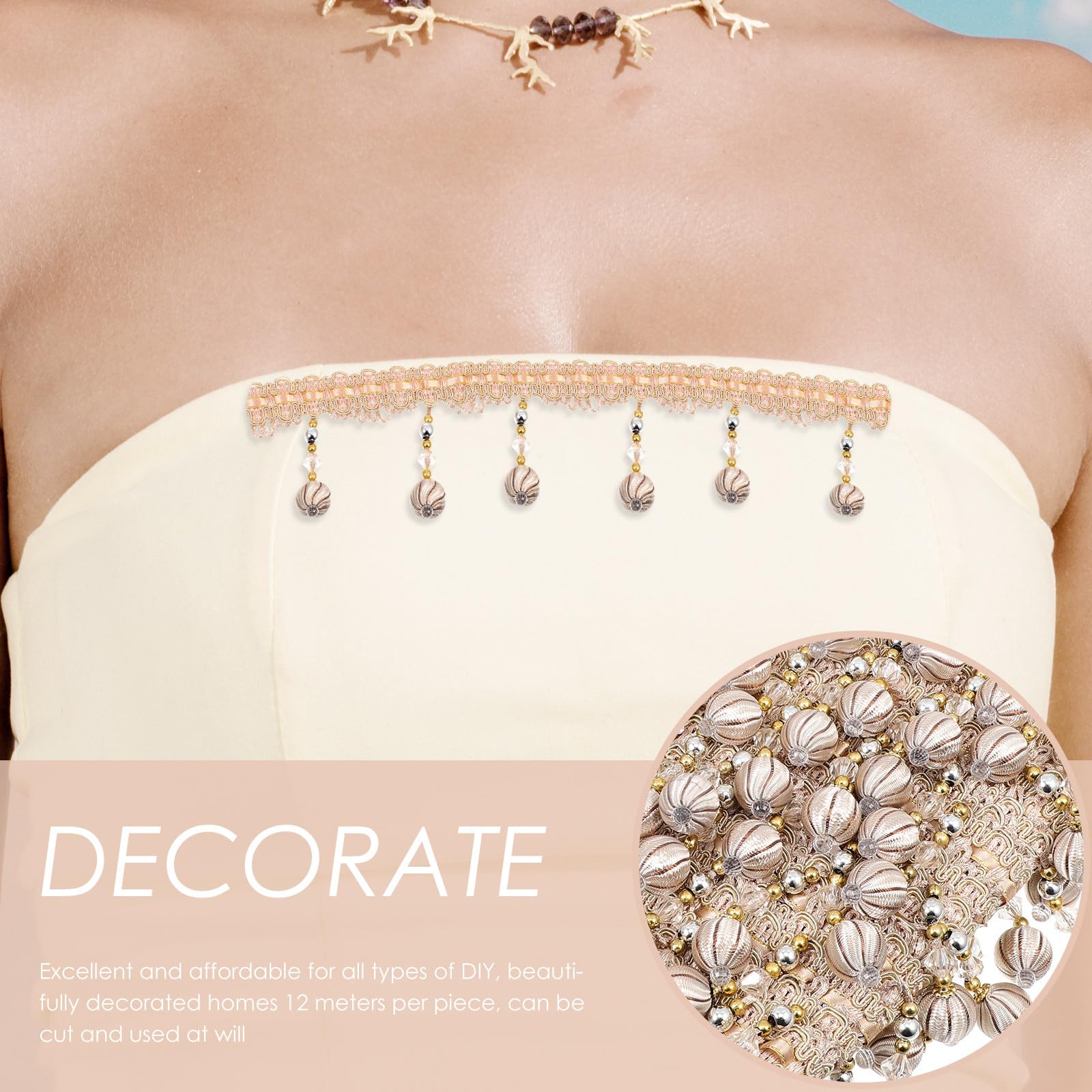 Bordure à Franges de Rideaux Perles Beige Accessoire de Rideau Salon Polyester Frange Pompon Décorative pour DIY Fourniture Rideau et Décoration Maison