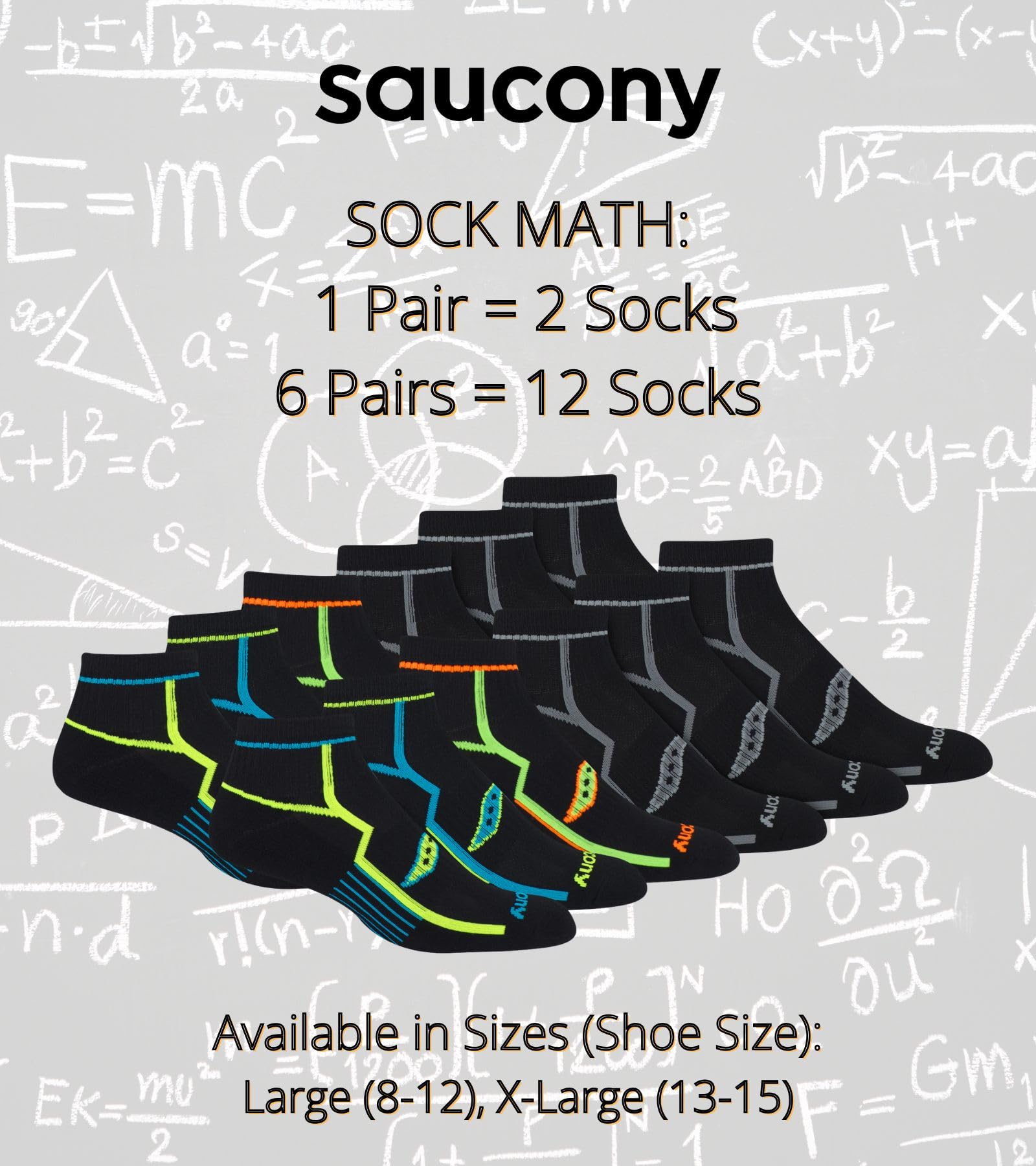 Saucony Męskie skarpety RunDry Bolt Performance Quarter dostępne w rozmiarach L-XL (6, 12 par)
