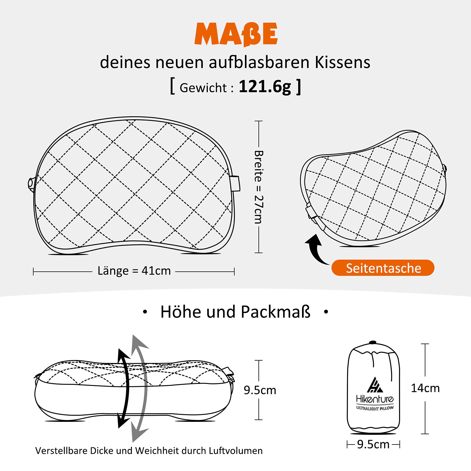 HIKENTURE Almohada Hinchable de Camping con Funda extraíble, Cojín de Viaje Inflable Ligero, Negro