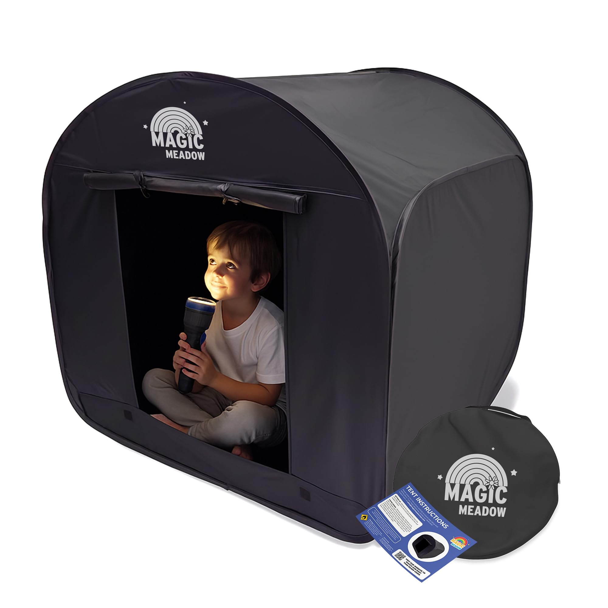 MagicMeadow Sensory Large Blackout Tent | Pop-Up Calm Space For Kids With Special Needs | Black Portable Sensory Tent For Focus & Relaxation | 120cm x 120cm x 120cm | Travel Zip Bag Included