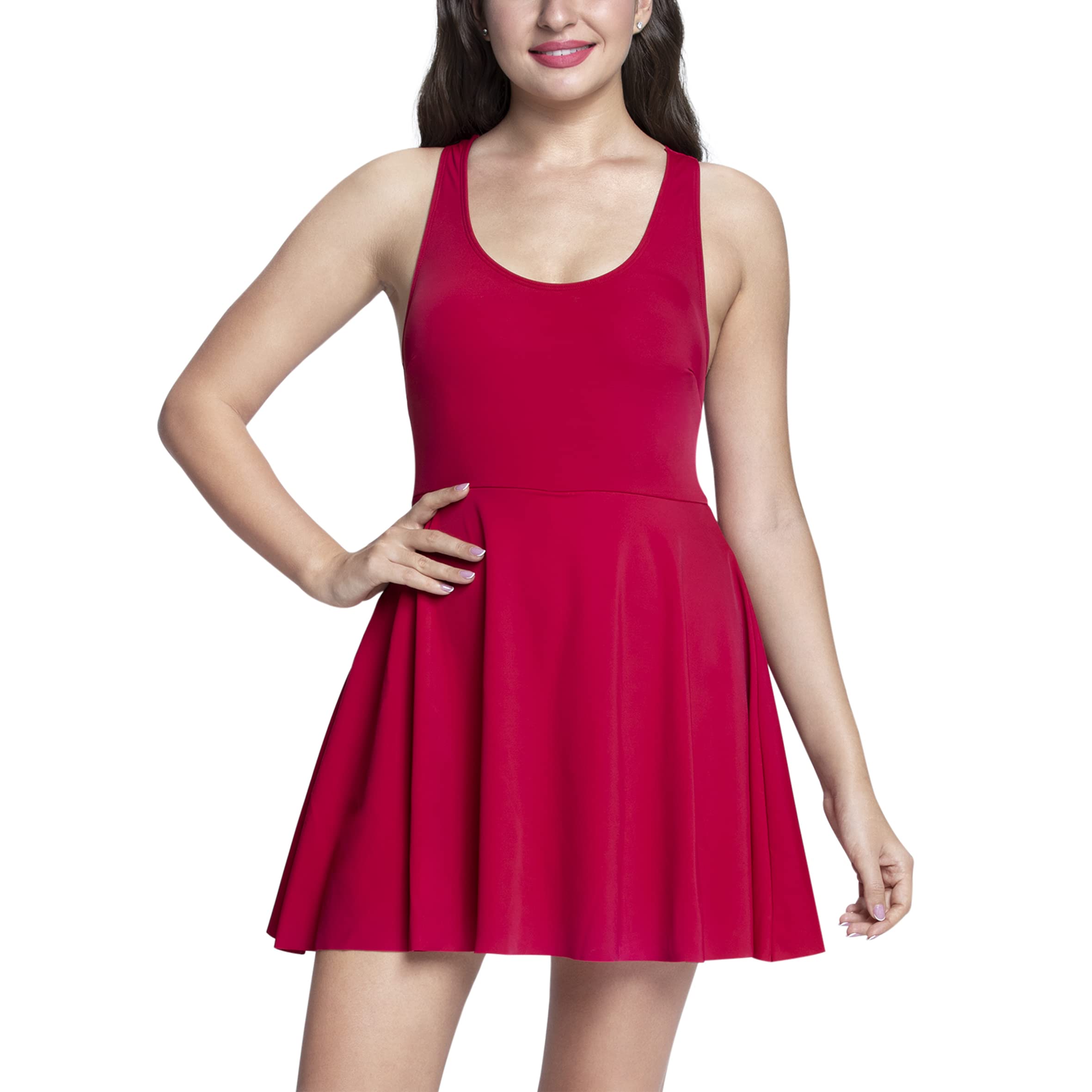 Solid Round Neck Sleeveless Padded Swim Dress-image-49
