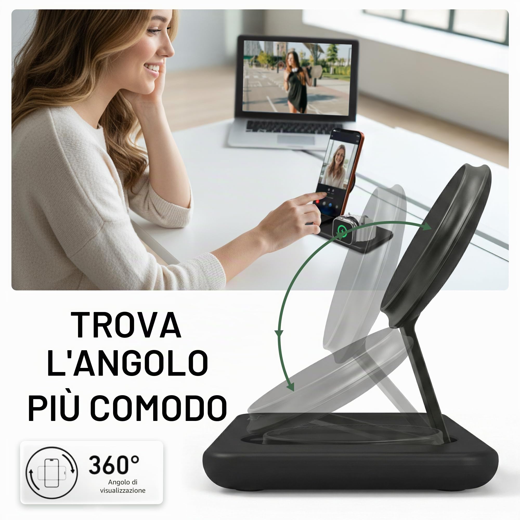 Nimble Podium - Stazione di ricarica wireless 3 in 1 per Apple, supporto caricabatterie Magsafe da 15 W, certificato Qi2, caricabatterie wireless per iPhone 16, 15, 14, 13, 12, Apple Watch, serie