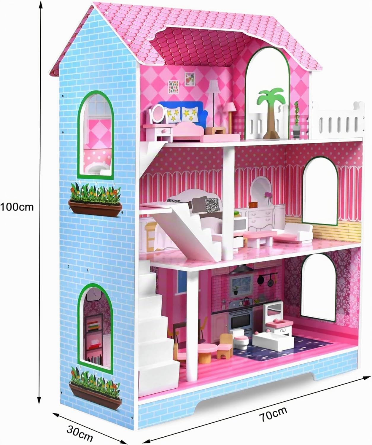 HENGMEI Casa de Muñecas de Madera para Niños Conjunto de Villa de Muñecas Dollhouse Set Juego para Niñas 3 Pisos Casa con Muebles y Accesorios, 70x30x100cm Casas de Muñecas para Niños (Tipo B)