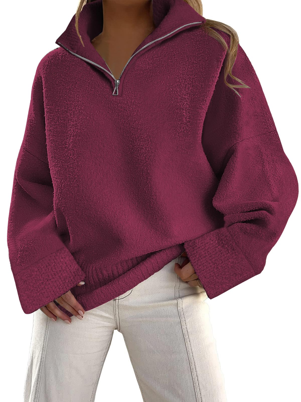 LILLUSORY Women's Half Zip Sweaters 2024 Fall Oversized V Neck Fuzzy Knit Chunky Warm Pullover Sweaters