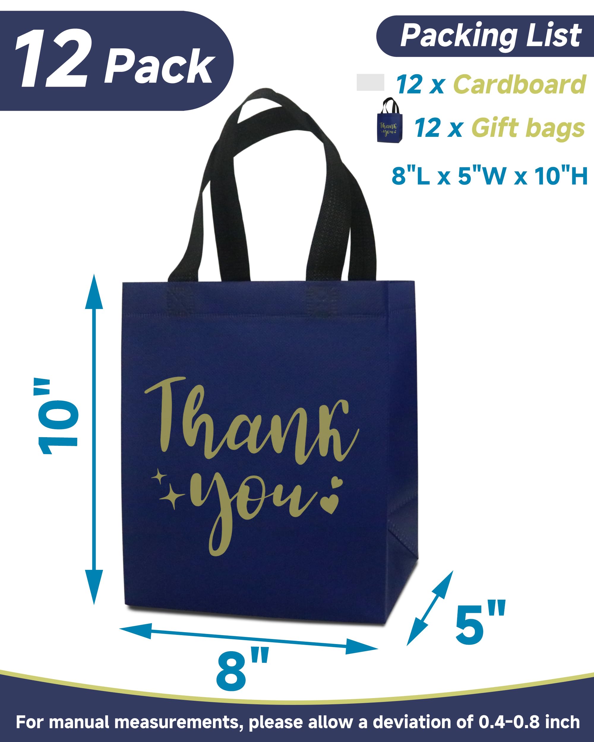 12 Navy Blue Thank You Gift Bags - Sturdy, Reusable, Medium 8x5x10 with Handles, Non-Woven for Weddings, Teachers, Father's Day, Parties, Birthdays & Graduations