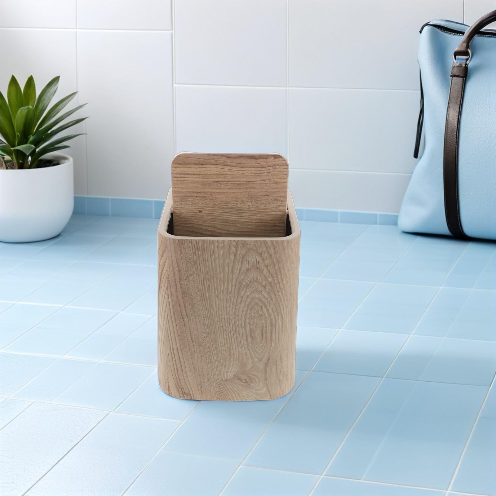 Papelera de Baño 8, 5 L Beige de Pp Imitación Madera con Tapa