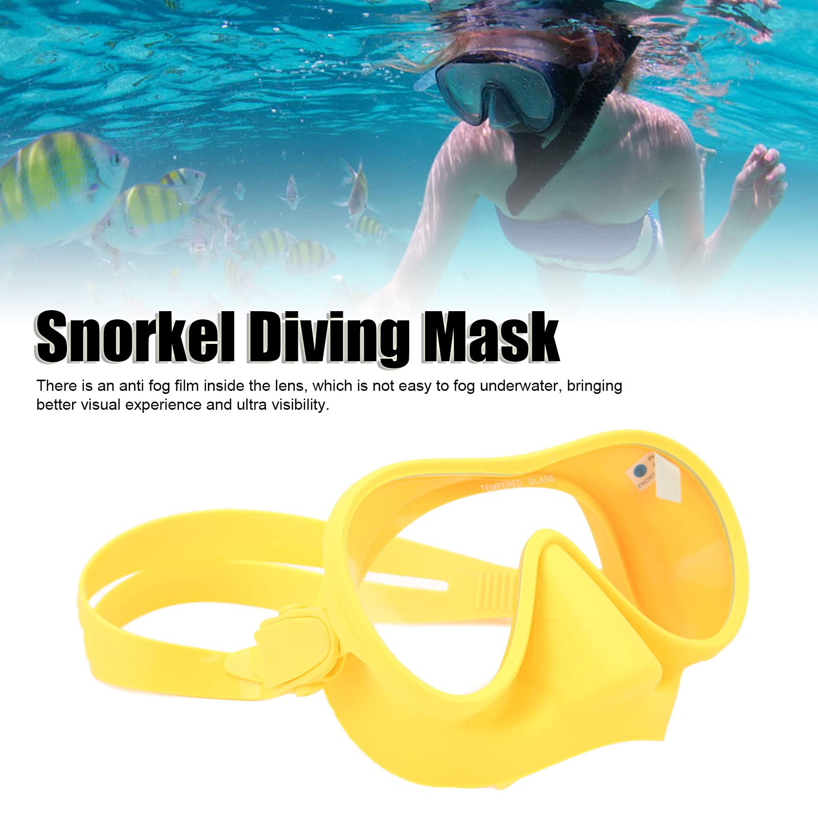 Scuba Diving Goggles, Anti Fog Tempered Glass Snorkeling Dive Mask Panoramic View Swim Goggles with Adjustable Silicone Strap for Underwater Swimming (Yellow)